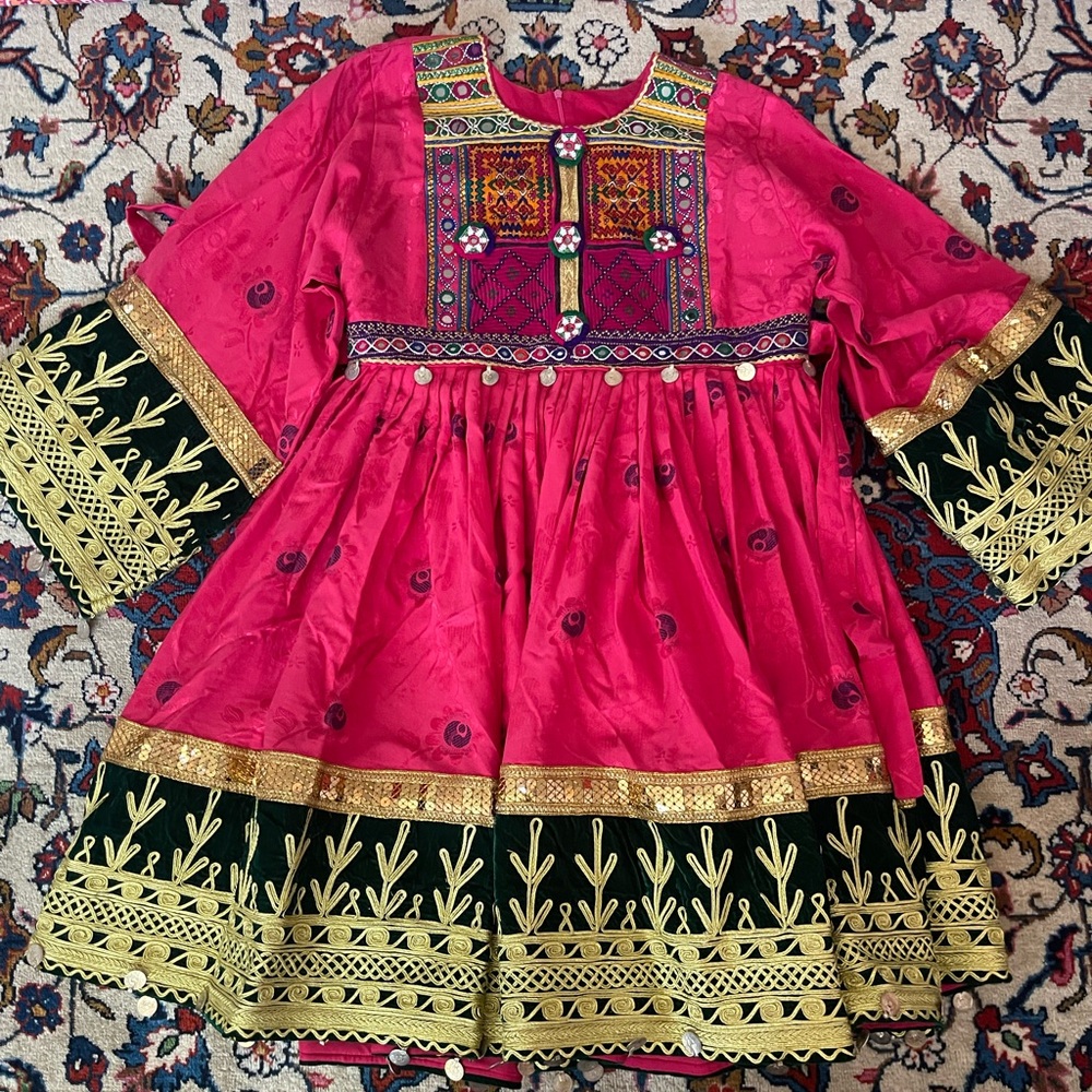 Elegant Pink and Gold Embroidered Midi Dress